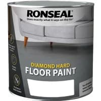 Ronseal Diamond Hard Floor Paint 2.5L tin, tile red color, with sofa image and durability icons on label.