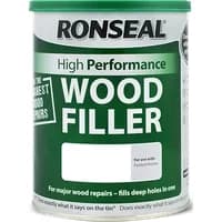 Ronseal High Performance Wood Filler 275g, green and white can with dark filler label, for wood repairs.