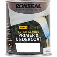 Ronseal Super Flexible Primer and Undercoat, white paint can with brush graphic and 10-year guarantee label.