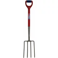 Red-handled stainless steel digging fork by Spear and Jackson with four tines and D-grip handle.