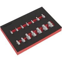 Sealey TRX-Star socket set with 14 chrome sockets in a black and red foam tray, sizes E4 to E24.