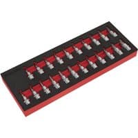 Sealey 3/8" Drive 22 piece socket bit set in red and black tray, featuring TRX-Star, Hex, and Spline bits.