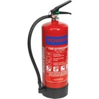 Red Sealey 6kg dry powder fire extinguisher with black hose, pressure gauge, and clear white labeling.