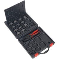 Black Sealey ratchet crimping tool with red handles, multiple jaws, and a black storage case with red latches.