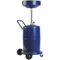 Blue Sealey AK450DX 75L mobile oil drainer with large funnel, adjustable height, handle, and wheels for easy transport.