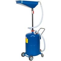 Blue Sealey 65L waste oil drainer with air discharge, funnel top, hose, and wheels for mobility.