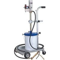 Sealey AK452X air-operated grease pump with blue lid, silver handle, hose, and wheels on a metal frame.