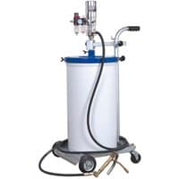 Sealey AK453X air-operated grease pump, 50kg capacity, white cylindrical tank, blue lid, hose, and wheels.