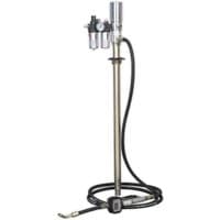 Sealey AK4560D oil dispensing pump station, tall metal frame, air-operated, with hose and control handle.