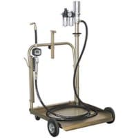 Sealey AK4561D oil dispensing system with air operation, metal frame, hose, and wheels for mobility.