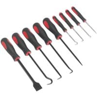 Sealey AK5209 9 piece set with black and red ergonomic handles, includes various scrapers and hooks.