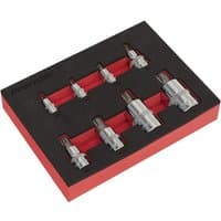 Sealey AK6241 spline socket bit set with 8 chrome bits in red and black foam tray, includes 1/4", 3/8", 1/2" drives.