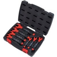 Black and red insulated open end spanner set in a black carrying case with red clasps.