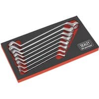 Sealey 8-piece offset ring spanner set, sizes 6-22mm, in a black and red tray, chrome finish.