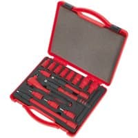Red Sealey 16-piece insulated socket set in a red case with black foam insert, featuring various socket sizes and a ratchet handle.