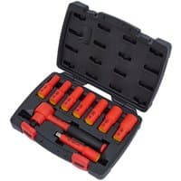 Red and yellow insulated socket set in black case, includes 9 pieces with 3/8" drive, VDE approved by Sealey.