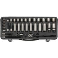 Black Sealey 34-piece socket set with silver sockets, ratchet, and extensions in a molded case.
