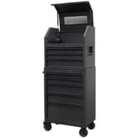 Black Sealey 9-drawer toolchest with power bar, top lid open, on wheels, side handles, and durable metal finish.
