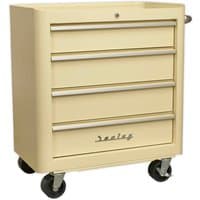 Cream Sealey rollcab with four drawers, retro style, metal handles, lockable top, and swivel caster wheels.