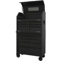 Black Sealey 12 drawer tool chest with power bar, stacked design, and caster wheels.