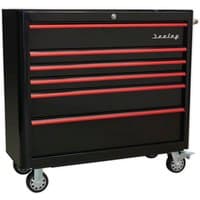 Black and red Sealey rollcab with six drawers, retro style, wide design, and caster wheels.