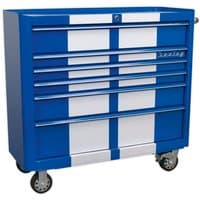 Blue and white Sealey rollcab with six wide drawers, retro style, and swivel casters.
