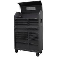 Black Sealey 17-drawer toolchest with power bar, top lid open, on wheels, multiple drawer sizes, sturdy design.