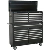 Black Sealey tool chest with 23 drawers, silver handles, and caster wheels, featuring a top lid compartment.