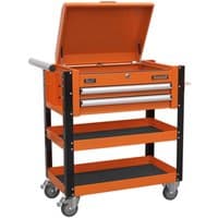 Orange Sealey mobile tool trolley with two drawers, lockable top, two shelves, and four caster wheels.