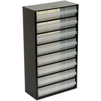 Black Sealey APDC08 cabinet with 8 transparent drawers in vertical arrangement.