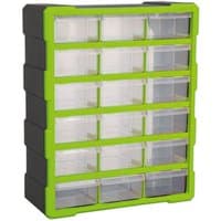 Hi-Vis green and black Sealey 18-drawer cabinet with clear plastic drawers and sturdy frame.