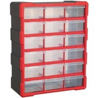 Red and black Sealey 18 drawer cabinet with clear plastic drawers and a sturdy frame.