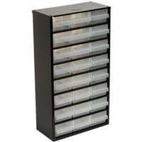 Black Sealey APDC24 cabinet with 24 transparent drawers arranged in six rows.