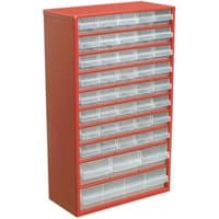 Red Sealey APDC45 cabinet with 44 clear plastic drawers in a vertical arrangement.