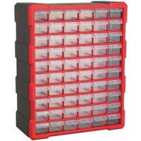Red and black Sealey APDC60R cabinet with 60 clear drawers in a grid pattern.