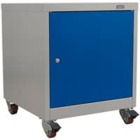 Gray and blue Sealey mobile cabinet with single door, lock, and four caster wheels.