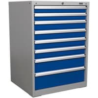 Gray and blue Sealey 8-drawer mobile cabinet with metal handles and lockable top drawer.
