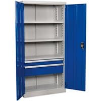 Blue and gray industrial cabinet with two drawers, three shelves, and lockable doors, standing 1800mm tall.