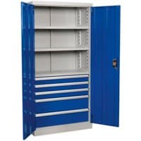 Blue and gray industrial cabinet with 5 drawers, 3 adjustable shelves, and lockable double doors.