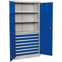 Blue and gray Sealey industrial cabinet with 7 drawers, 3 shelves, and lockable doors, measuring 1800mm tall.