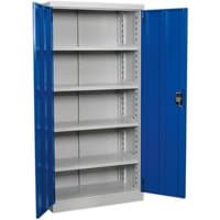 Blue and gray Sealey industrial cabinet with four adjustable shelves and lockable doors, 1800mm tall.