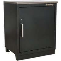 Black Sealey 1-door floor cabinet with silver handle, sturdy design, and Sealey logo on top right corner.