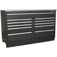 Black Sealey 11-drawer heavy-duty cabinet with silver handles and a flat top surface.