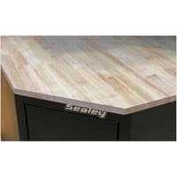 Sealey APMS18 oak corner worktop, 930mm, with a smooth, light wood finish and beveled edges, mounted on a black base.