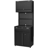 Black Sealey modular cabinet with upper wall unit, perforated back panel, single drawer, and double-door base.