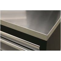 Stainless steel worktop with sleek finish, beveled edges, and black base, measuring 680mm by Sealey.