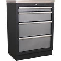 Sealey APMS51 black and silver modular floor cabinet with four drawers and stainless steel top.