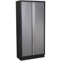 Sealey APMS56 cabinet, tall black frame, dual silver doors with vertical handles, sleek and modern design.