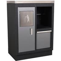 Black and gray Sealey modular floor cabinet with two doors, one with handle and one with waste disposal icon.