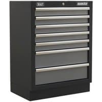 Black Sealey APMS62 modular cabinet with seven silver-handled drawers, compact 680mm design.